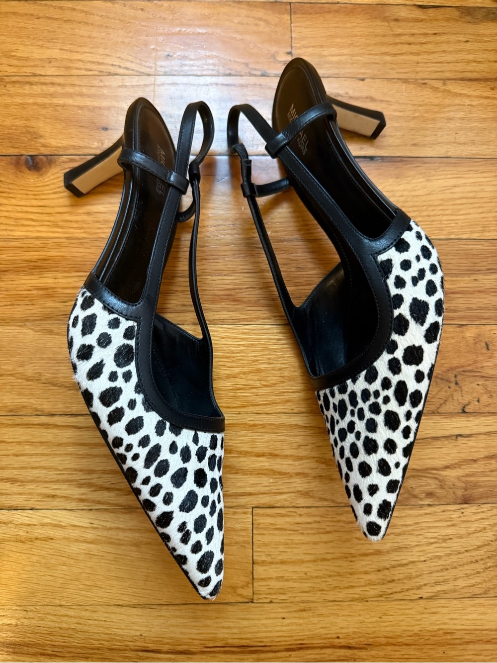 MICHAEL Michael Kors Black and White Dalmatian Print Pointed Slingback Heels